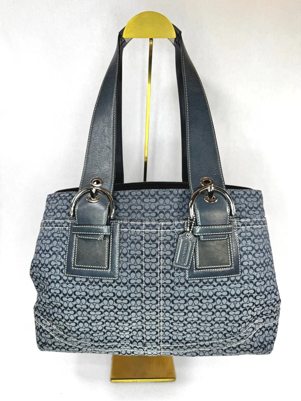 Coach Signature Denim Jacquard Tote Shoulder Bag Blue Leather Trim F12311